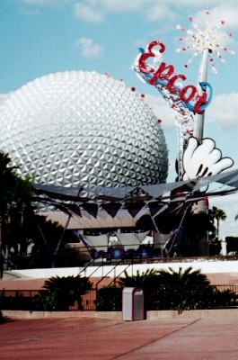 Epcot entrance with Spaceship Earth dome (Scarborough photo)