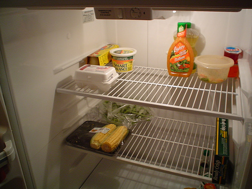 Empty fridge that's not mine, but close (courtesy Lucy Librarian at flickr’s Creative Commons)