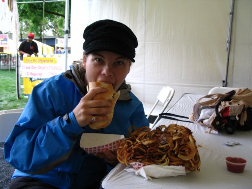 bratwurst and a brick of curly fries